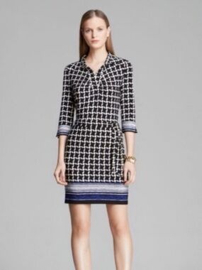 Laundry by Shelli Segal Black Blue & White Geometric Preppy Shirt Dress Size: S